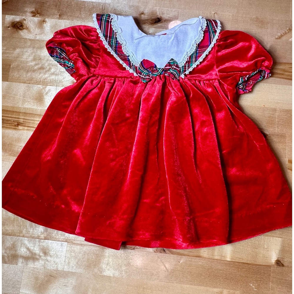 Vintage Style Velvet Holiday Dress Toddler Red Excellent Plaid Lace Trim Bow